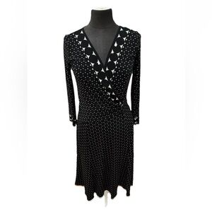 Donna Morgan Women’s Black white geometric pattern V-neck wrap style dress SZ 6